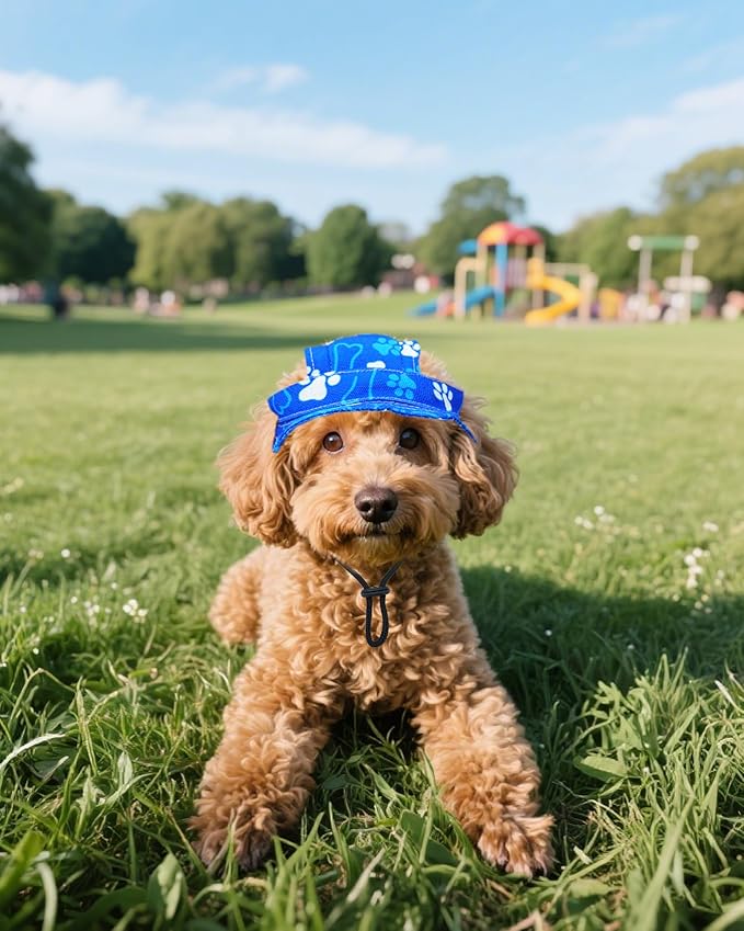 PET SHOW Dog Bucket Hat Paw Print Dog Visors for Small Doggy Cats Waterproof Outdoor Pet Sun Hats with Ear Holes Round Brim Adjustable Drawstring Boy Puppy Cap-Royal Blue/XS