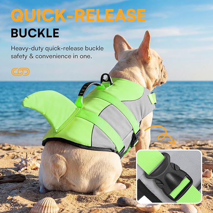 Queenmore Dog Life Jacket Ripstop Shark Dog Safety Vest Adjustable Preserver with High Buoyancy and Durable Rescue Handle for Small,Medium,Large Dogs, Green Shark X-Small