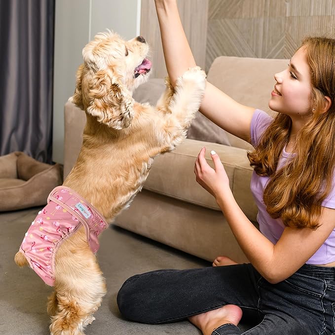 Langsprit Washable Female Dog Diapers - Doggie Reusable Diapers for Doggy Puppy Female in Period - Highly Absorbent Dog Heat Panties (Flamingo Duck) L