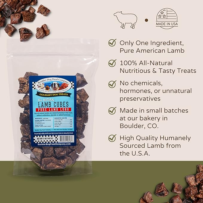Lamb Cubes Single Ingredient Healthy Dog Treats - All Natural, Vet Approved, Grain Free, Nutritious Made in USA Treats for Dogs (Lamb Lung, 5oz)