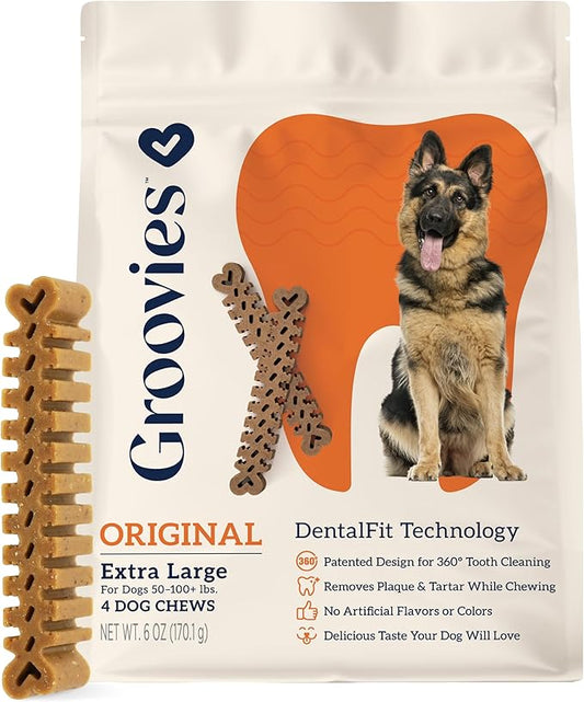 Groovies Flexible Dog Dental Chews with Patented DentalFit Technology to Help Support Tartar Control & Fresh Breath, XLarge Dog Chews for 50-100 lb Dogs, USA Manufactured Oral Care, 4 Chews