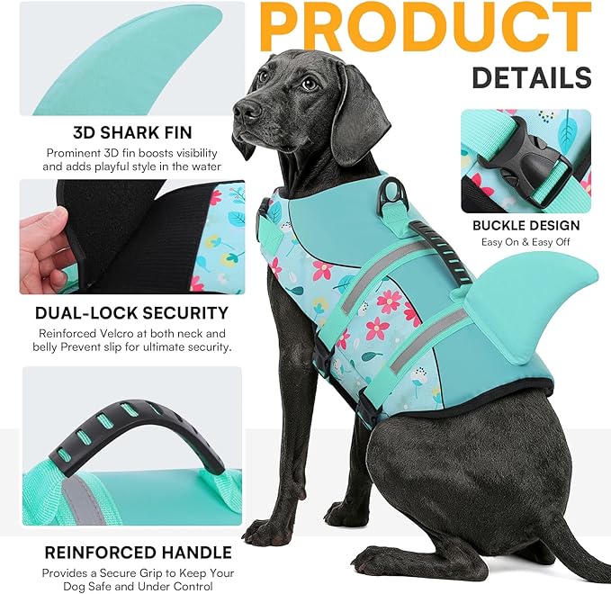 Queenmore Dog Life Jacket, Dog Life Vest for Swimming, High Buoyancy Shark Swimming Safety Vest for Extra Large Dogs, Reflective Pet Lifesaver Preserver with Rescue Handle, Blue Flower 2XL