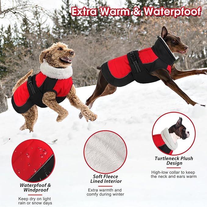 Dogcheer Dog Coat, Christmas Dog Winter Jacket, Waterproof Puppy Fleece Coat for Cold Weather, Adjustable Pet Snowsuit, Turtleneck Sweater for Small Medium Large Dogs - Red, S