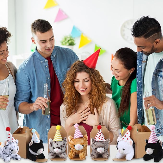 20 Set Cat Stuffed Animals Bulk with Birthday Hats Kraft Paper Boxes Mini Plush Toys Small Stuffed Kittens Adopt Pet Gift for Adoption Event Animal Theme Birthday Party (Lying Cat)