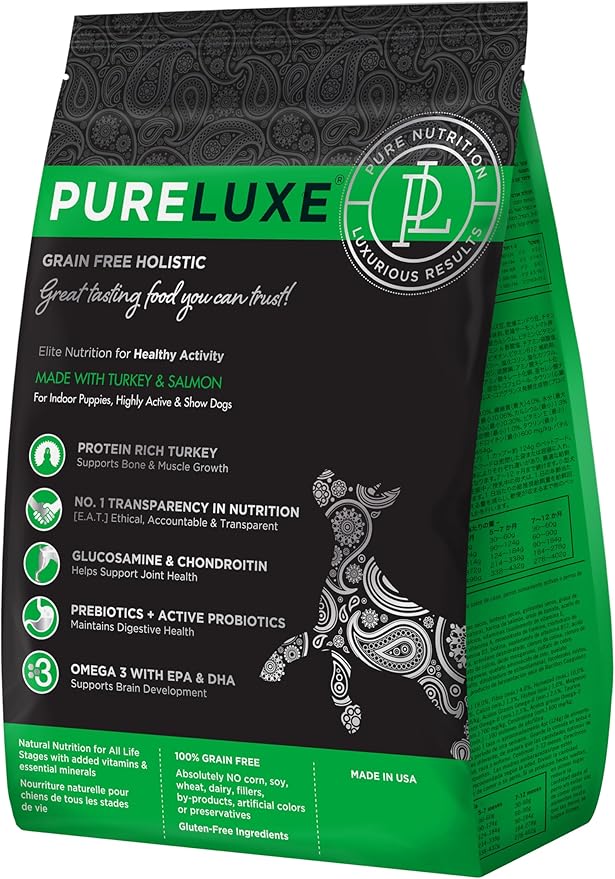 PURELUXE Grain and Gluten Free Dog Food, Healthy Activity Elite Nutrition, Turkey and Split Peas, for Indoor Puppies, High Activity, and Show Dogs During All Life Stages, Made in The USA, 4lbs