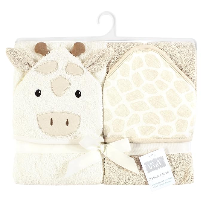 Hudson Baby Unisex Baby Cotton Animal Face Hooded Towel, Beige Giraffe, One Size