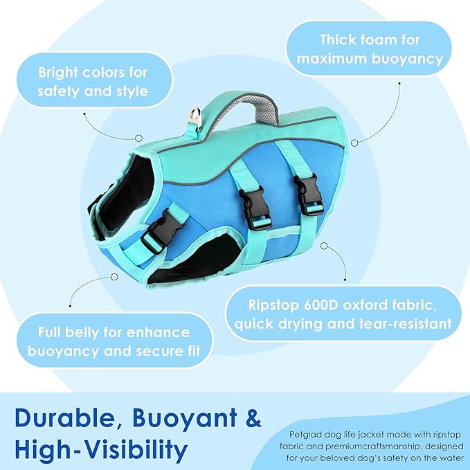 Dog Life Jacket, High Buoyancy Dog Life Vest with Handle for Swimming Boating, Adjustable Swimming Vest with Reflective Trim for Small Medium Large Dogs - Blue, XL