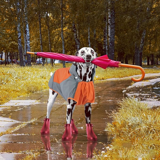 IECOii Large Dog Raincoat Waterproof,Hooded Rain Jacket Keep Dog Dry in Wet Weather,Reflective Rain Poncho Clothes with Convenient Leash Hole/Adjustable Magic Sticker/Easy On and Off/,Orange,Large