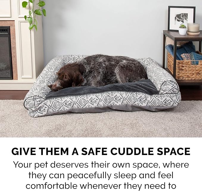 Furhaven Pillow Dog Bed for Large Dogs w/ Removable Bolsters & Washable Cover - Plush & Southwest Kilim Woven Decor Sofa - Boulder Gray, Jumbo/XL