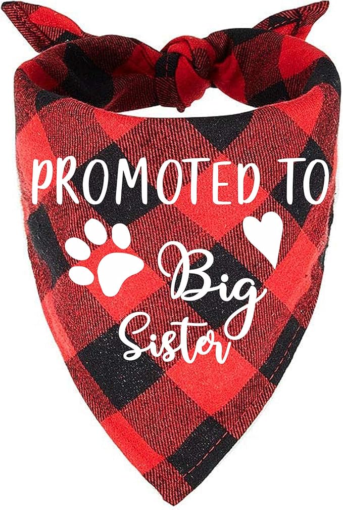 Promoted to Big Sister Red Plaid Dog Bandana, Gender Reveal Photo Prop Triangle Pet Scarf Scarves Decorations Accessories, Pet Scarves Dog Lovers Owner Gift