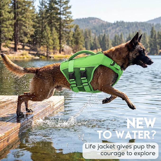 ASENKU Dog Life Jacket, High-Buoyancy Reflective Dog Swimming Vest with Durable Handles for Small/Medium/Large Dogs - Pool, Beach, Boating (Green, L)