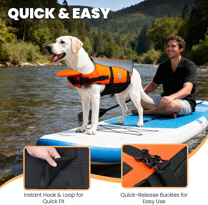VIVAGLORY Front Float Dog Life Vest, Dog Life Jacket for Swimming & Boating, Swimming Vest with Chin Float & Handle, Ripstop & Buoyancy for Puppy Doggy, L, Bright Orange