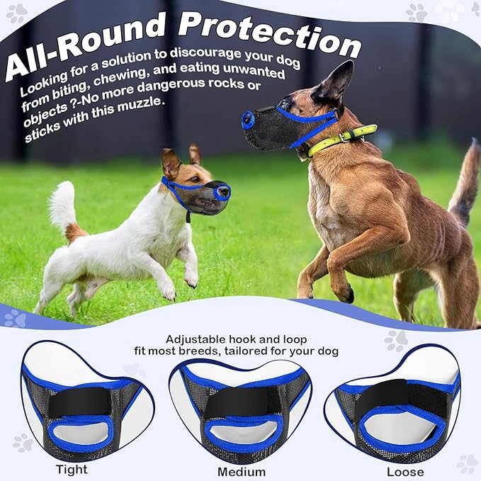 Dog Muzzle with Front Opening for Training and Treats, Breathable Air Mesh Muzzle for Biting Chewing Scavenging, Soft Lightweight Adjustable Mouth Guard for Small Medium Large Dogs (Blue, XL)