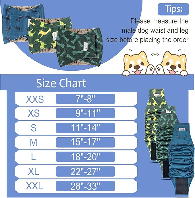 Reusable Dog Diapers Male 3Pcs, Premium Washable Belly Band for Male Dogs Large, High Absorbing Male Dog Wraps for Doggie in Incontinence, Excitable Urination and Training (Giraffe, L)
