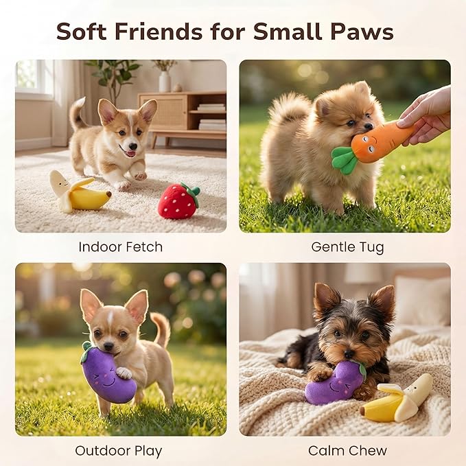 Pets&Goods Plush Squeaky Dog Toys – 5-Pack Fruit & Veggie Set for Puppies & Small Dogs – Soft, Crinkle, Durable Toys for Indoor Play, Teething Puppies & Dog Gifts
