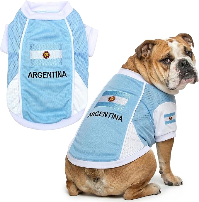 Parisian Pet Team Argentina Dog Jersey - Breathable Mesh Puppy Football Jersey - Lightweight Stretch Sporty Dog Clothes - Summer Shirts for Large Dogs - Soccer Jersey for Dogs - Sportswear Pet Clothes