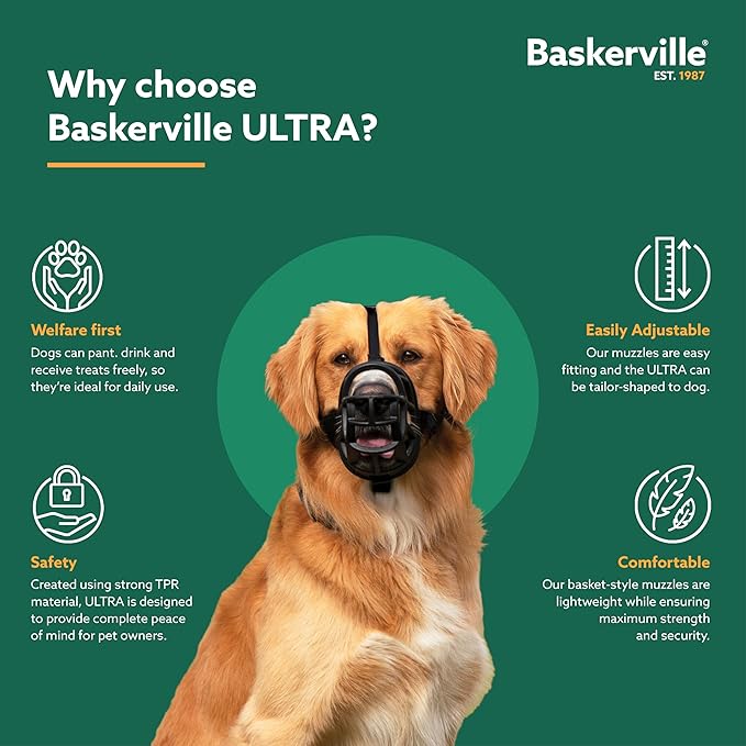 Baskerville ULTRA Muzzle - Patented Humane Design, Breathable, Dog can Pant and Drink, Adjustable, Padded, Dog Training Muzzle for Large Dogs, Prevents Biting, Wildlife Scavenging (Size 5, Black)