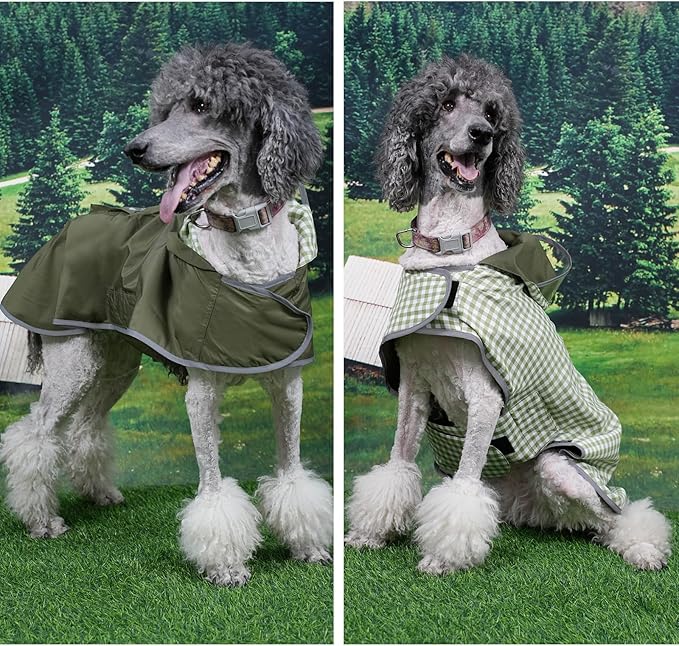 MAMORE Dog Raincoat Reversible,Waterproof Dog Rain Coat Hooded Slicker Poncho with Reflective Strip, Plaid Double Layer Rain Jacket for Small Medium Large Dogs (Army Green, Large(22-37lb))