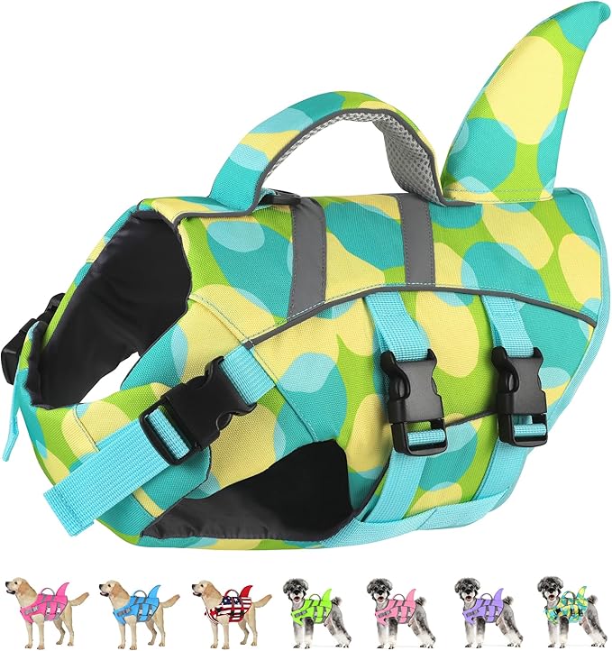 Dogcheer Shark Fin Dog Life Jacket, Adjustable Dog Harness Life Vest for Swimming Boating, Puppy Swim Vest Pet Flotation Device for Small Medium Large Dogs - Colorful Green,M