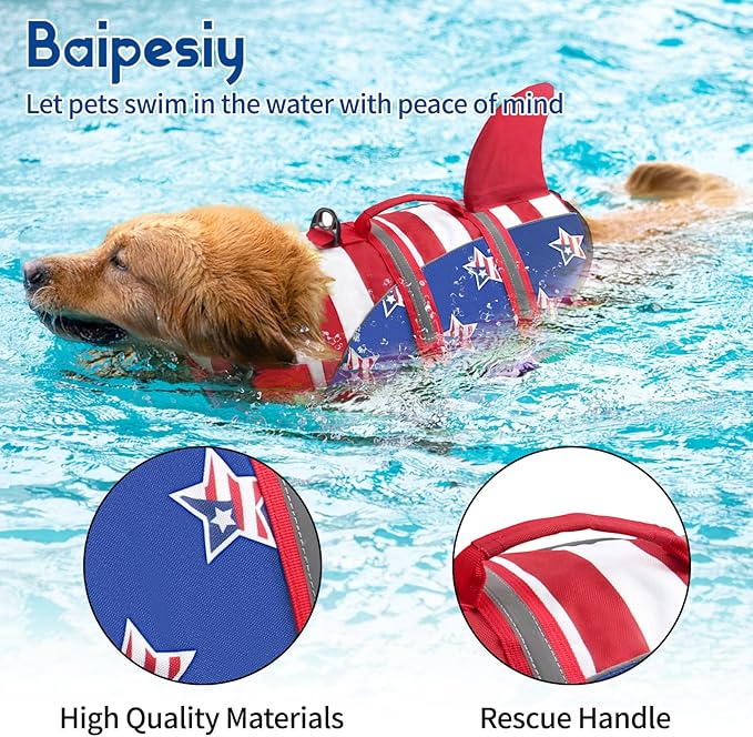 Dog Life Jacket, American Flag Ripstop Shark Dog Life Vest for Swimming & Boating, High Buoyancy Reflective Pet Vest with Rescue Handle, for X-Small/Medium/Large/X-Large Dogs (USA Flag, XL)