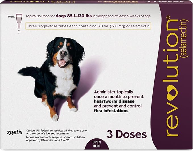 Revolution (selamectin) Topical Solution for Dogs, 85.1-130 lbs (Plum), 3 Tubes