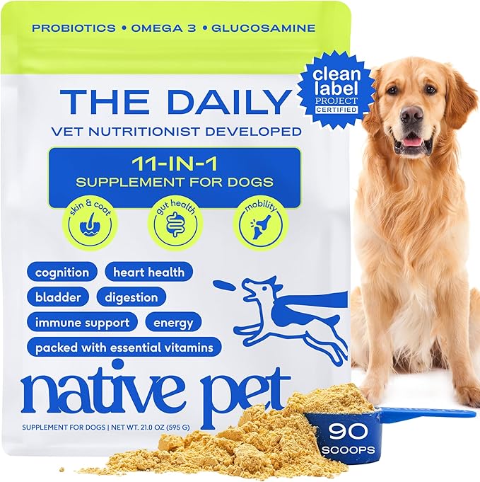Native Pet The Daily Dog Vitamins & Supplements - 11-in-1 Multivitamin Powder for Dogs - Supports Whole Body Health, Digestion, Mobility & Immunity with Collagen, Glucosamine & Probiotics – 90 Scoops