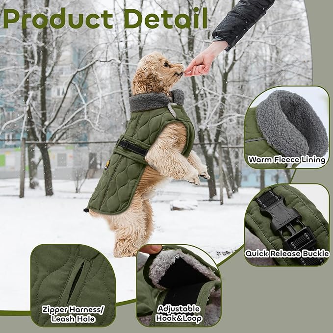 Dog Winter Coat, Adjustable Quilted Dog Snow Jacket with Fleece Lining, Water Resistant Pet Apparel for Cold Weather, Warm Large Doggie Coat with Leash Hole and Reflective Strip, NewGreen L