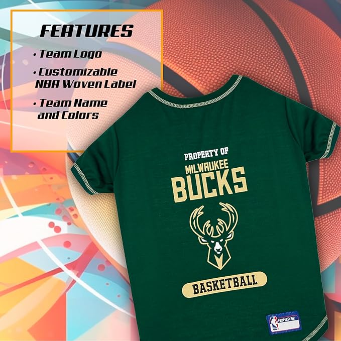 Pets First Cute Dog T-Shirt, Large - NBA Milwaukee Bucks Dog & Cat Shirt with Basketbal Team Logo. A Comfortable & Fashionable Yet Durable Pet Outfit, Sporty Dog Shirt
