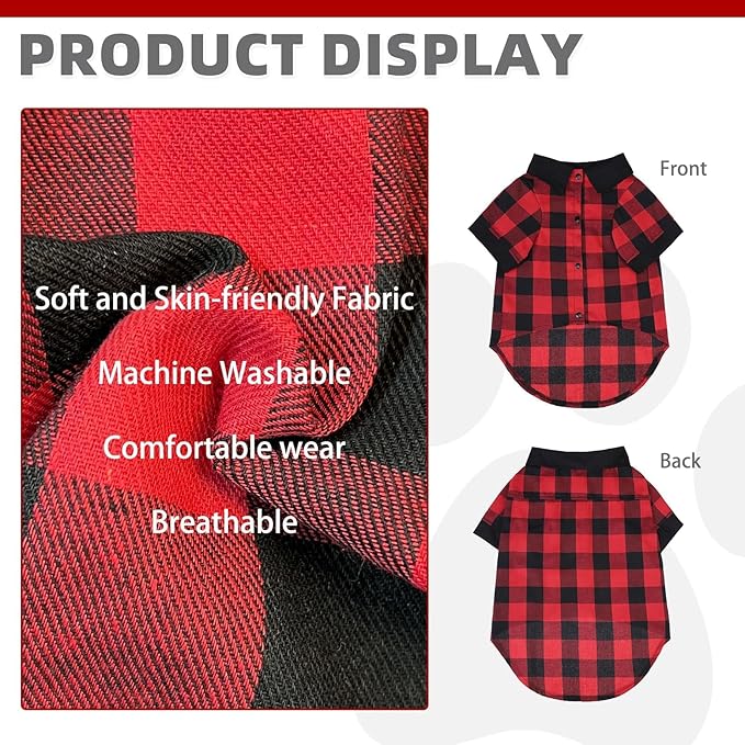 KOOLTAIL Christmas Dog Shirt, Red Buffalo Plaid Pet Shirts, Cute Dog Apparel Clothes Suitable for All Seasons, Comfortable Dogs T-shirt for Small Medium Large Dogs Cats Girl Boy, Pet Outfit Costume, L