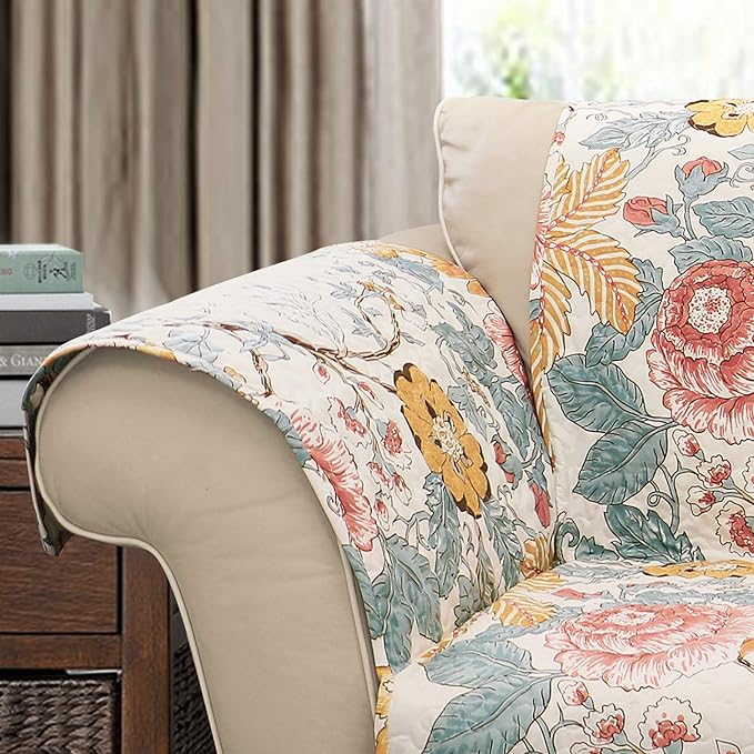 Lush Decor Sydney Furniture Protector, Couch Cover, 116" W x 75" L, Blue & Yellow - Flower Leaf Garden - Quilted Floral Sofa Cover - Country Cottage Slipcover - Pet Couch Covers