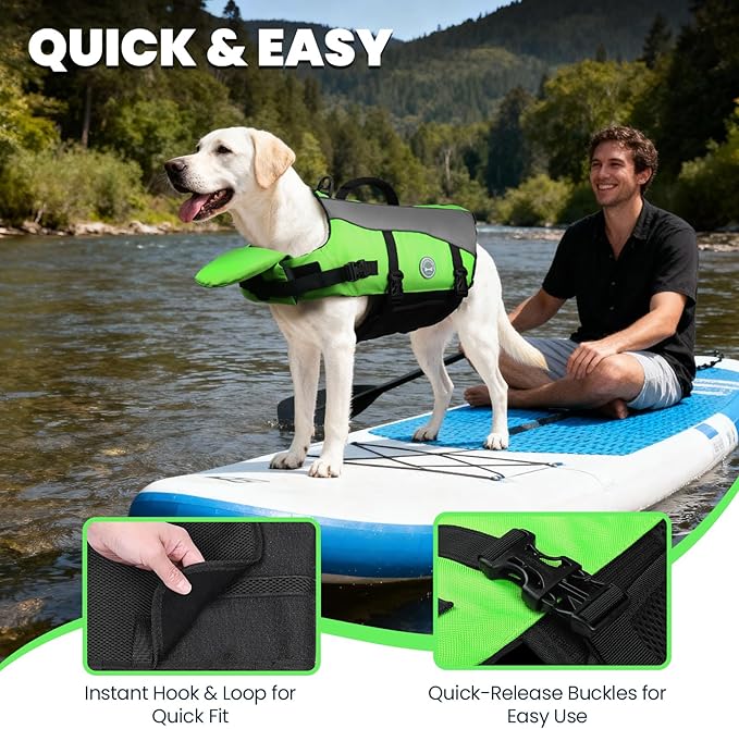 VIVAGLORY Front Float Dog Life Vest, Dog Life Jacket for Swimming & Boating, Swimming Vest with Chin Float & Handle, Ripstop & Buoyancy for Puppy Doggy, XS, Bright Green