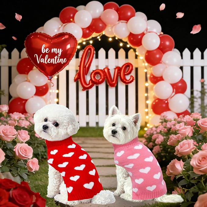 2 Pack Valentines Dog Sweater, Knit Pet Small Dog Sweater Holiday Valentine’s Day Outfit Clothes for Small Medium Large Dogs Pets (Red & Pink, Medium)