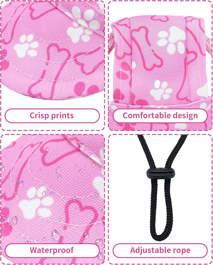 PET SHOW Dog Baseball Cap Paw Print Dog Visors for Medium Large Dogs Waterproof Pet Sun Hats with Ear Holes Adjustable Drawstring Girl Puppy Hat -Pink/L
