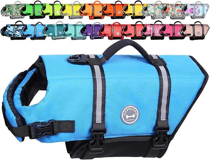 VIVAGLORY Rip Stop Dog Life Vest, Swimming Vest with Handle, Buoyancy for Doggy Puppy, Dog Life Jacket for Swimming & Boating, XL, Blue
