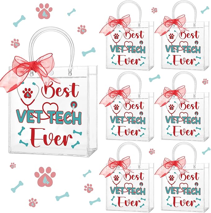 SilTriangle 24 Pcs Vet Tech Week Appreciation Bag with Handles Nurse Plastic Gift Bags Reusable Red Ribbon PVC Tote Bags Bulk for Vet Tech Coworkers Animal Lover