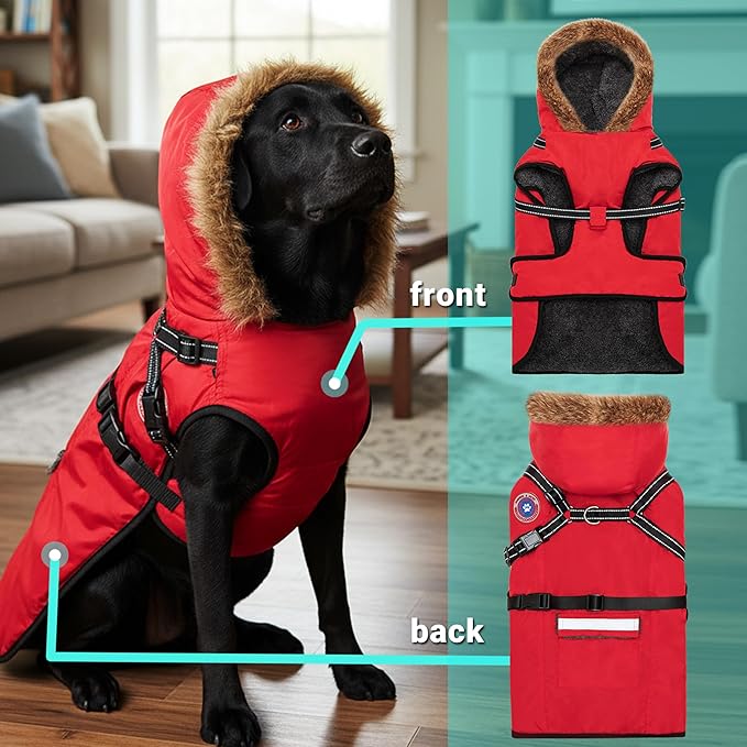 PAWNISAW Dog Winter Coat with Harness Built in, Warm Thick Plush Hooded Dog Snow Jacket for Cold Weather, Windproof Reflective Pet Clothes Outfit for Small, Medium, Large, XL & XXL Dogs Outdoor