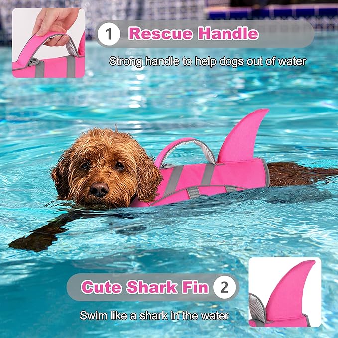 Dogcheer Shark Fin Dog Life Jacket, Adjustable Dog Harness Life Vest for Swimming Boating, Reflective Puppy Swim Vest Pet Flotation Device for Small Medium Large Dogs -Pink, M