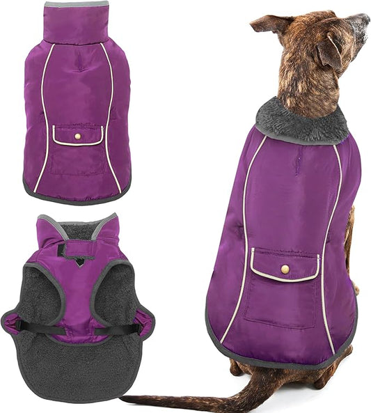 Dog Winter Coat - Warm Dog Clothes for Rain Snow Wind Cold Weather - Reflective Purple Adjustable Windproof Pet Vest Jacket with Leash Hole for Small Medium Large Dogs Indoor Outdoor