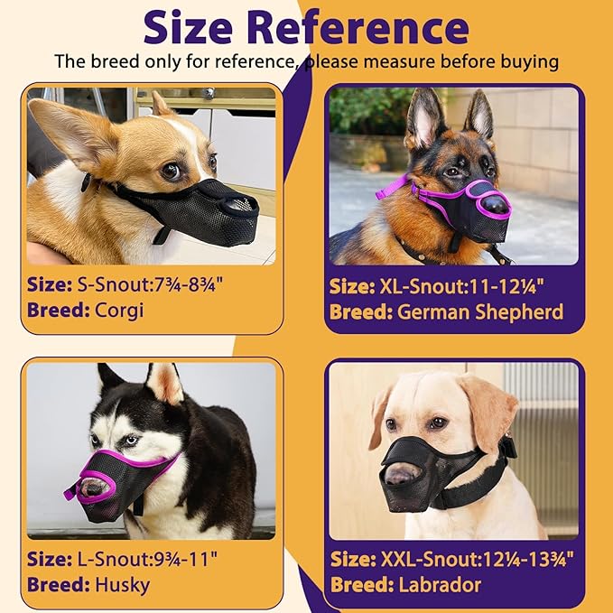 LUCKYPAW Dog Muzzle, Patented Mesh Muzzle for Large Medium Small Dogs Allows Full Pant Drinking Mouth Cover to Prevent Biting Chewing Scavenging Adjustable Breathable Mouth Guard(Purple,XL)