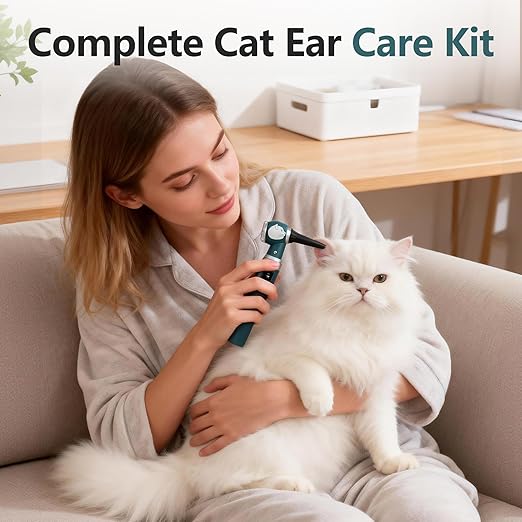 Veterinary LED Otoscope for Pets Cat-Design - Ear Infection Detector with Light, 6 Disposable Tips for Dogs & Cats, Portable Home Ear Checker (Green)