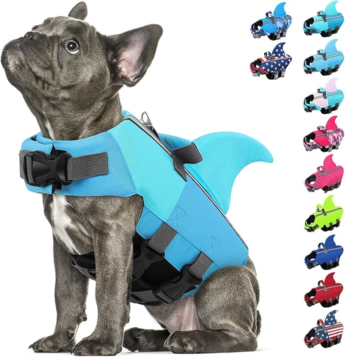 SUNFURA Dog Life Jacket Shark Life Vest for Dogs, Adjustable Swmming Vest with High Buoyancy, Safety Lifesaver with Rescue Handle for French Bulldog Small Medium Breeds, PoolBlue XS