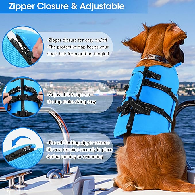 Dogcheer Dog Life Jacket with Zipper and 4ft Leash, Adjustable Pet Life Vest for Swimming Boating, High Buoyancy Flotation Swim Vest PFD for Small Medium and Large Dogs-Blue,L