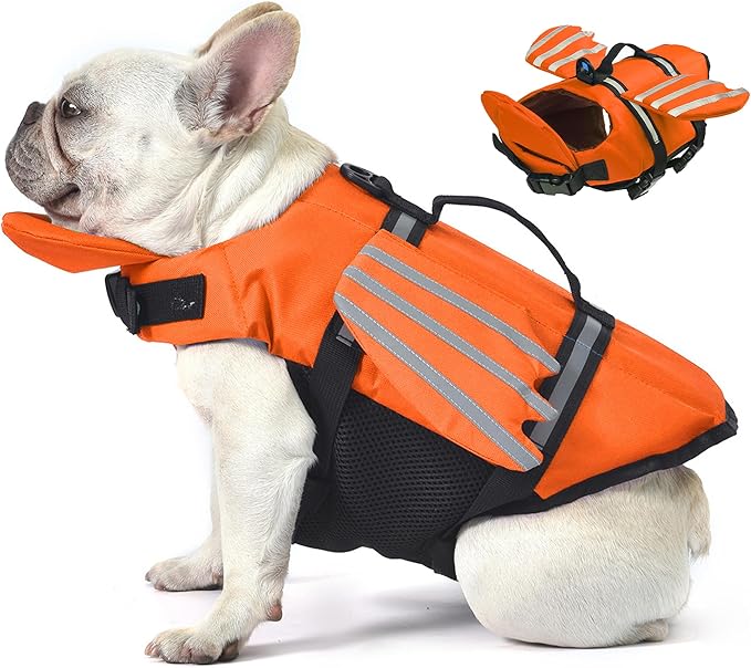 Dog Life Jacket, Cute Wings Adjustable Dog Life Vest with Chin Float and Handle for Swimming Boating Reflective High Buoyancy Swim Float Vest for Small Medium Large Dogs (Orange, XL)