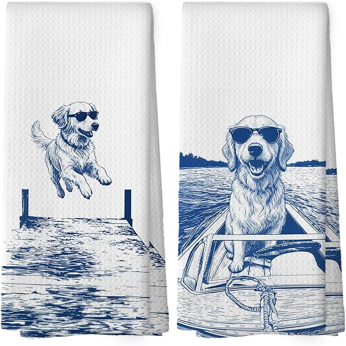 Lake House Decor Golden Retriever Kitchen Towels Set of 2, Summer Funny Lake Dog Coastal Bathroom Hand Towel, Dog Lover Gifts Tea Towel Dish Towels 16x24 Inch