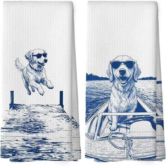 Lake House Decor Golden Retriever Kitchen Towels Set of 2, Summer Funny Lake Dog Coastal Bathroom Hand Towel, Dog Lover Gifts Tea Towel Dish Towels 16x24 Inch