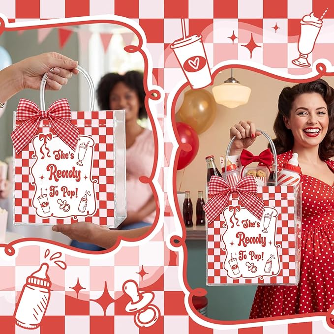 SilTriangle 24 Pcs She's Ready to Pop Baby Shower PVC Gift Bags with Handles Plastic Gift Bags Reusable Coquette Red Gingham Ribbon Tote Bulk Red Soda Gender Reveal Baby Shower Party Decorations