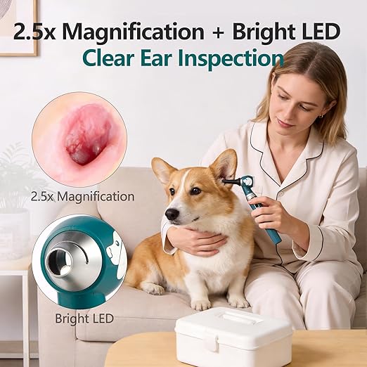 Pocket Veterinary LED Otoscope - Pet Ear Scope with Light for Dogs & Cats, 6 Disposable Tips (4/6/9mm), Portable Ear Infection Detector (Green)