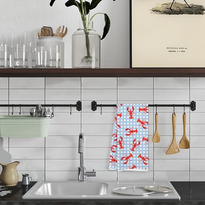 Blue White Checkered Lobster Beach Kitchen Towels, Ocean Crawfish Dish Tea Towels for Kitchen, Coastal Nautical Hand Towels for Bathroom, Seafood Boil Party Supplies, 16x24 Inch
