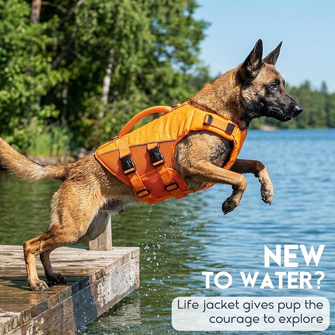 ASENKU Dog Life Jacket, High-Buoyancy Reflective Dog Swimming Vest with Durable Handles for Small/Medium/Large Dogs - Pool, Beach, Boating (Orange, S)