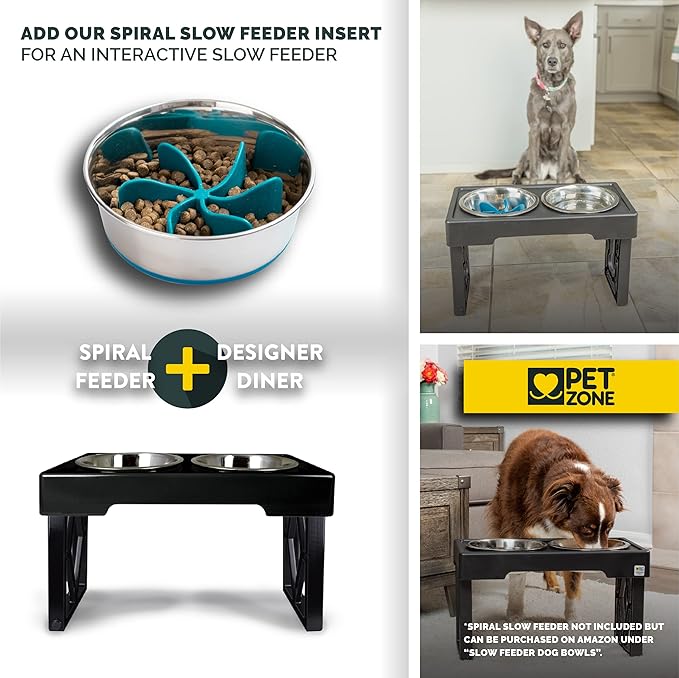 Pet Zone Designer Diner Bundle Adjustable Elevated Dog Bowls for Large Dogs, Medium and Small - Raised Dog Bowl Stand, Bowls for Food and Water Stainless Steel, 3 Heights, 2.75, 8", & 12''